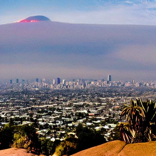 Image similar to the view from runyon canyon overlooking los angeles as a huge volcano erupts beneath l. a.