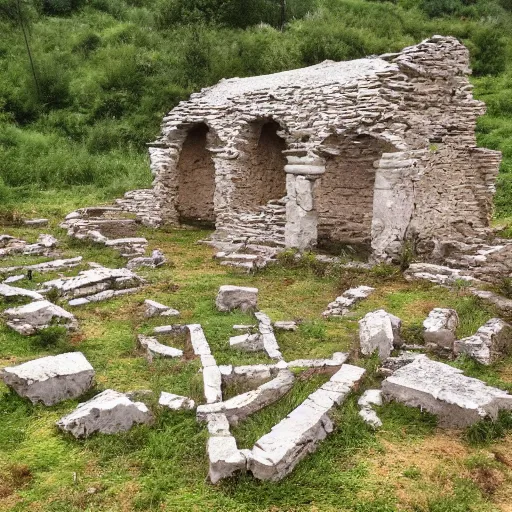 Image similar to the ruins of a village made out of stone, overgrown with red vines