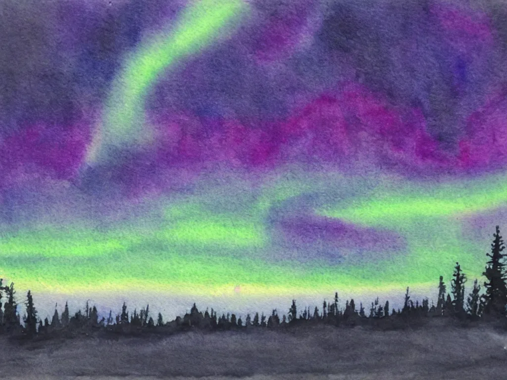 Image similar to northern lights, epic lighting, establishing shot, watercolor