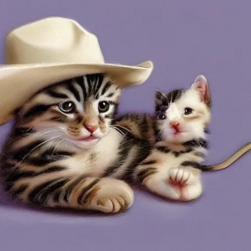 Image similar to realistic baby kitten with cowboy hat, photorealism, old west