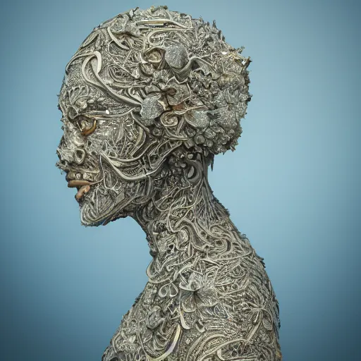 Image similar to beatifull face portrait of a woman, 150 mm, anatomical, flesh, flowers, mandelbrot fractal, facial muscles, veins, arteries, intricate, golden ratio, full frame, microscopic, elegant, highly detailed, ornate, ornament, sculpture, elegant , luxury, beautifully lit, ray trace, unreal, 3d, PBR, in the style of peter Gric , alex grey and Romero Ressendi