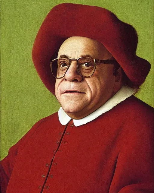 Image similar to a portrait of danny devito painted by jan van eyck, 4 k detail, portrait