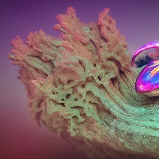 Prompt: A Nudibranch sitting on coral, intricate details, light shafts, hyper realism, cinematic, epic, pearlescent, iridescent, film look, octane