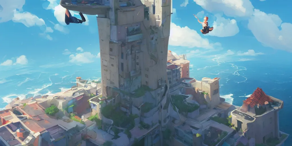 Image similar to representation of a flat suspended in the air above Sint-Marteen island, diagram representation, mattepainting concept Blizzard pixar maya engine on stylized background splash comics global illumination lighting artstation  lois van baarle, ilya kuvshinov, rossdraws