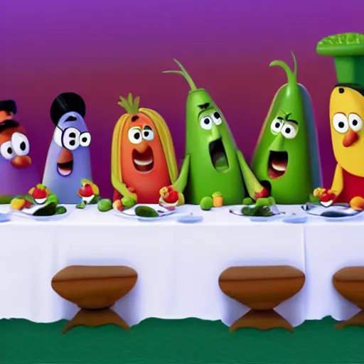 Image similar to veggietales characters last supper, 4k