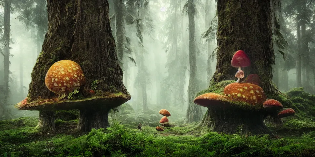 Image similar to Photo by Filip Hodas of the cinematic view of the Forest of the Giants, a troll is eating a giant mushroom, photorealism, photo taken with canon 5D