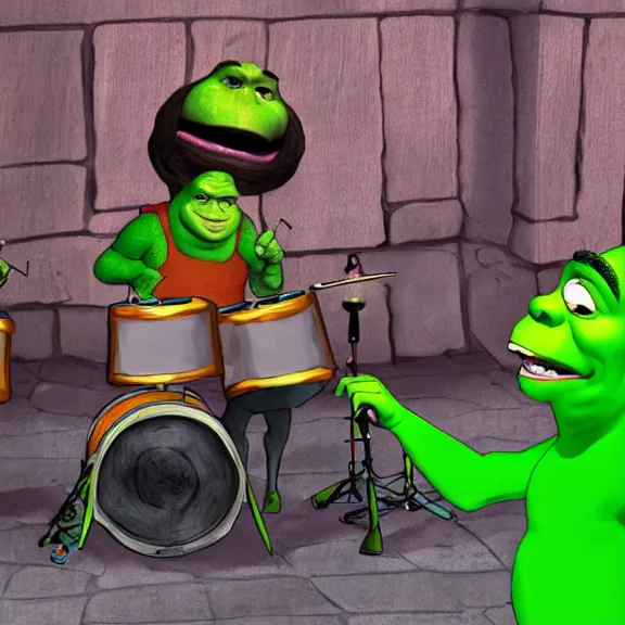 Image similar to shrek playing on drums in style of gorillaz by jamie hewlwtt