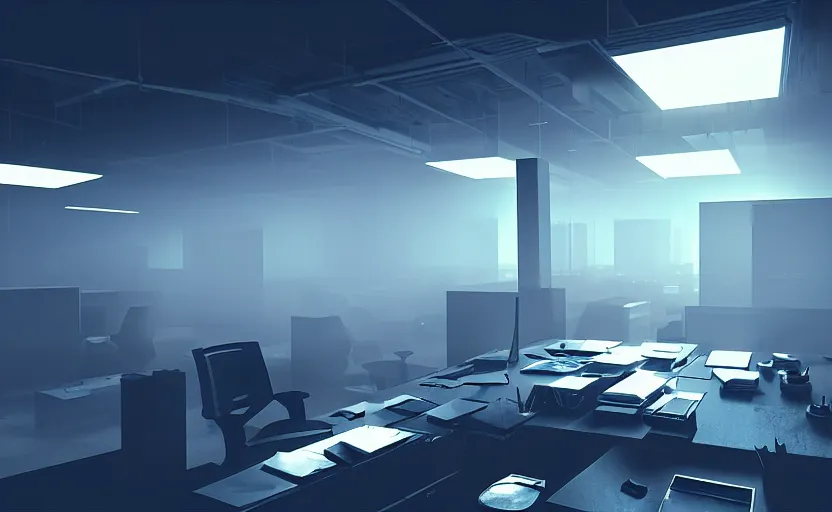 Image similar to office, horror scene, fluorescent lighting, eerie volumetric-lighting-style atmosphere, futuristic atmosphere, intricate, detailed, photorealistic imagery, artstation