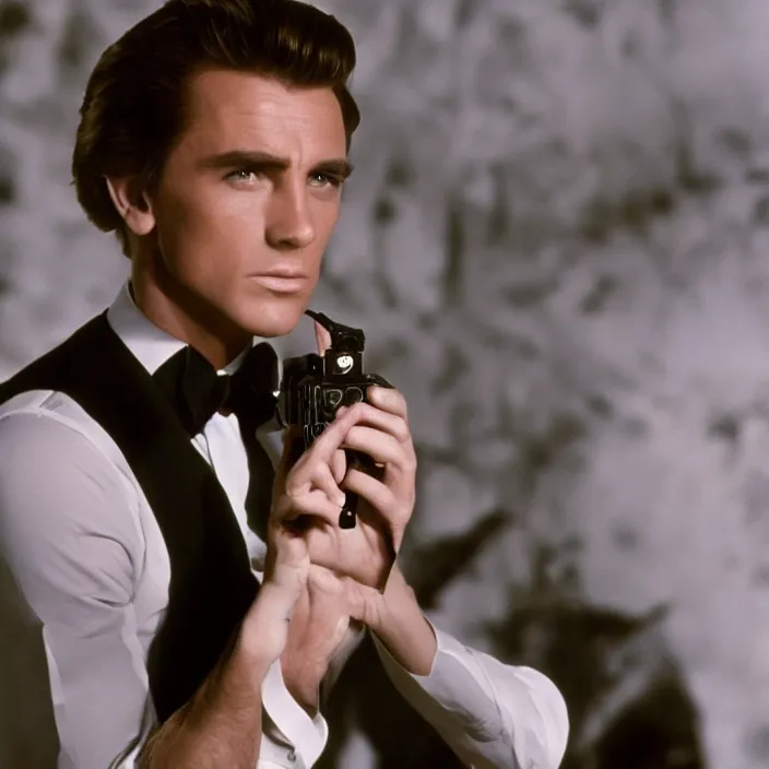 Prompt: epic beautiful young james bond performance in 1 9 8 5 spikey hair blonde cute hd portrait leica zeiss trending