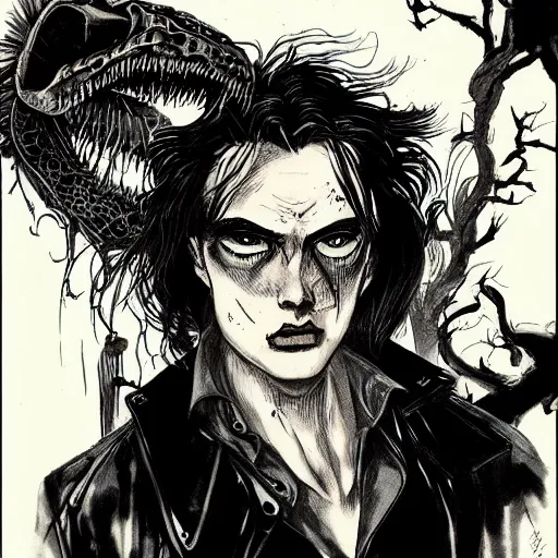 Image similar to beautiful portrait commission of a handsome alligatoah casual clothes in a vintage gothic style. black hair. pale skin, black makeup. character design by ralph steadman, detailed, inked, western comic book art