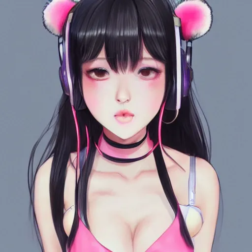 Image similar to realistic beautiful gorgeous buxom natural cute blushed shy girl Blackpink Lalisa Manoban black hair cute fur black cat ears, wearing white camisole, headphones, black leather choker artwork drawn full HD 4K highest quality in artstyle by professional artists WLOP, Taejune Kim, Guweiz, Aztodio on Pixiv Instagram Artstation