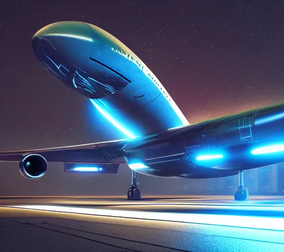 Image similar to immense futuristic jet plane arrives at runway of cyberpunk airport at night ,cinematic lighting, realistic photo , concept art