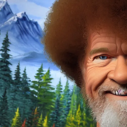 Image similar to a closeup photorealistic photograph of bob ross putting the finishing touches on a canvas painting that includes ashley schaeffer. mountains and trees. film still. brightly lit scene. this 4 k hd image is trending on artstation, featured on behance, well - rendered, extra crisp, features intricate detail, epic composition and the style of unreal engine.