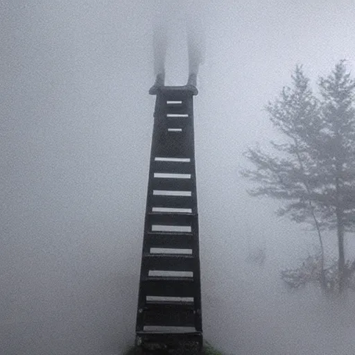 Prompt: a ghostly hand holding a metal step ladder emerges from the mist