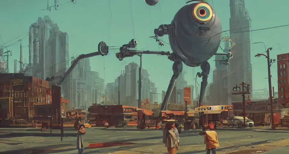 Image similar to A 1950s city scene with a giant Mecha EYEBALL looming overhead, rendered by simon stålenhag, rendered by Beeple, Makoto Shinkai, syd meade, environment concept, digital art, unreal engine, 3 point perspective, WLOP, trending on artstation, low level, 4K UHD image, octane render,