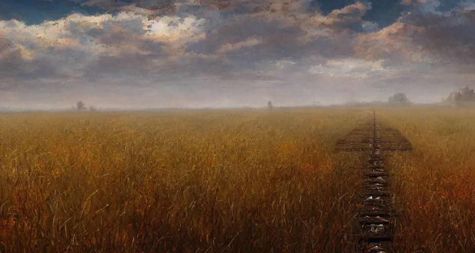 Image similar to rusty old railroad, in the steppe, autumn field, misty background, from the game pathologic 2, highly detailed, sharp focus, matte painting, by isaac levitan and asher brown durand,