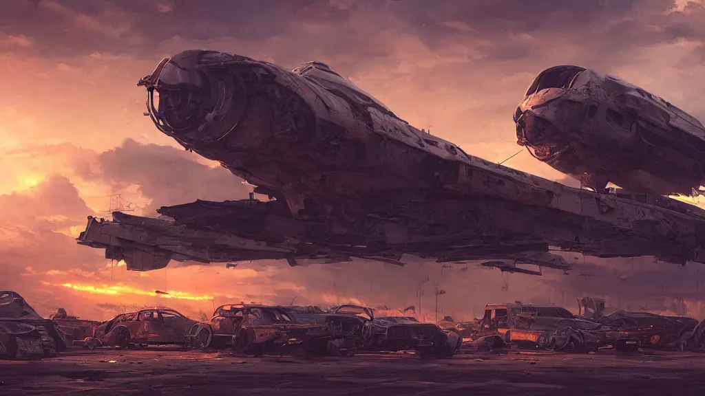 Image similar to a Photorealistic hyperrealistic render of a gigantic spaceship landing at a Junkyard by Greg Rutkowski,Vitaly Bugarov,Stephan Martiniere,Nicolas Bouvier SPARTH,James Paick,dramatic moody sunset lighting,long shadows,Volumetric, cinematic atmosphere, Octane Render,Artstation,8k