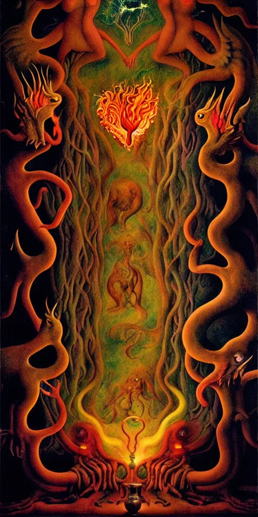 Prompt: mythical creatures and monsters in the visceral anatomical human heart imaginal realm of the collective unconscious, in a dark surreal painting by johfra, leonora carrington and ronny khalil, dramatic lighting fire glow