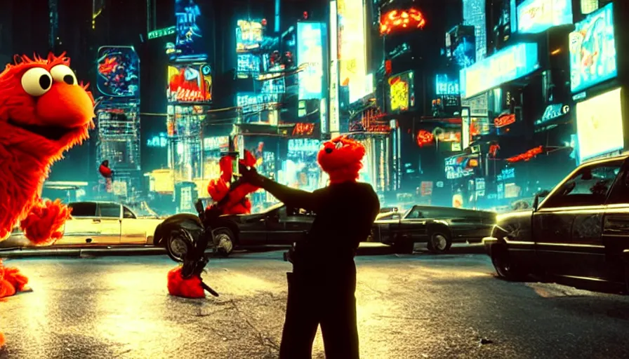 Prompt: elmo performs a drive - by shooting in cyberpunk night city