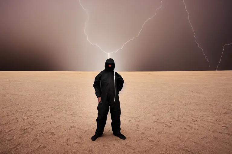 Image similar to a cinematic portrait of a prisoner dressed in a a black and white hazmat suit in a desert, dust storm, thunder and lightning, lee madgwick and zack snyder, 8 k, hd, high resolution, 8 5 mm, f / 1. 8