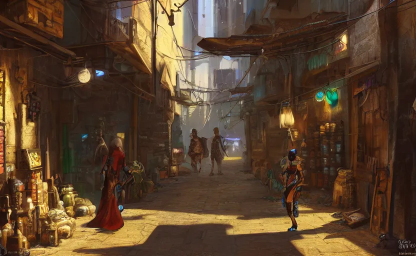 Image similar to cyberpunk medieval middle east alleyway, arabic, persian, dawn, market, little spice shops, technology, bazaar, steam punk, unreal engine 5, trending on art station, in the style of Pixar