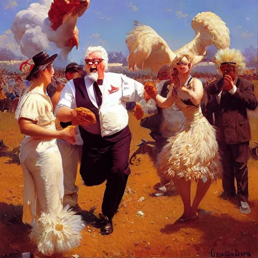 Prompt: colonel sanders throwing fried chickens, highly detailed painting by gaston bussiere, craig mullins, j. c. leyendecker, 8 k