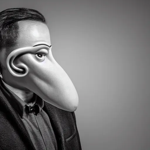 Prompt: man with a nose shaped like a revolver with 6 nostrils, photograph