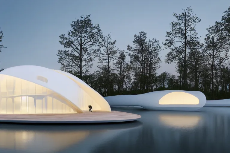 Prompt: a white egg shaped foam space relies on the building formed together. on the calm lake, people's perspective, future, interior wood, marble, award winning, highly detailed 4 k art, dusk, unreal engine highly rendered, global illumination, radial light, internal environment by kazuyo sejima and pierre cardin