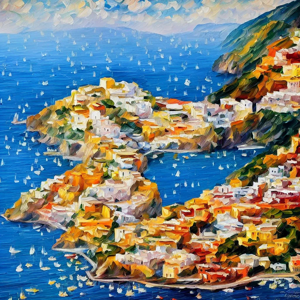 Prompt: Oil painting of the Positano Coast by Leonid Afremov