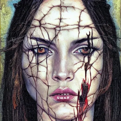 Prompt: fantasy painting of megan fox by judson huss and henriette grindat and albrecht durer | horror themed | creepy