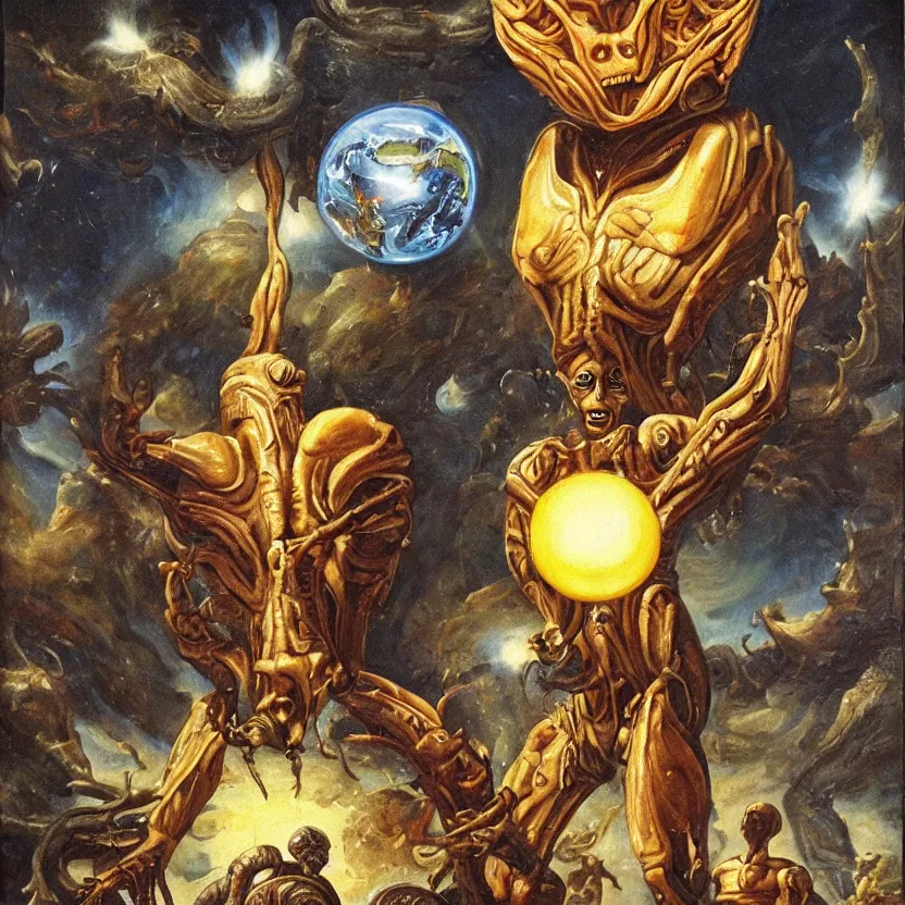 Image similar to alien atlas carrying a glowing earth. pulp sci - fi art for omni magazine. baroque period, oil on canvas. renaissance masterpiece.