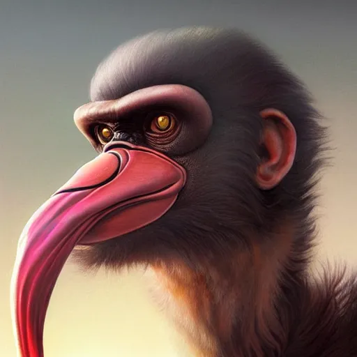 Image similar to Portrait of an anthropomorphic flamingo, Gorilla, Geko, Cat, highly detailed, digital painting, artstation, concept art, smooth, sharp focus, illustration by Artgerm and Greg Rutkowski and Tom Bagshaw