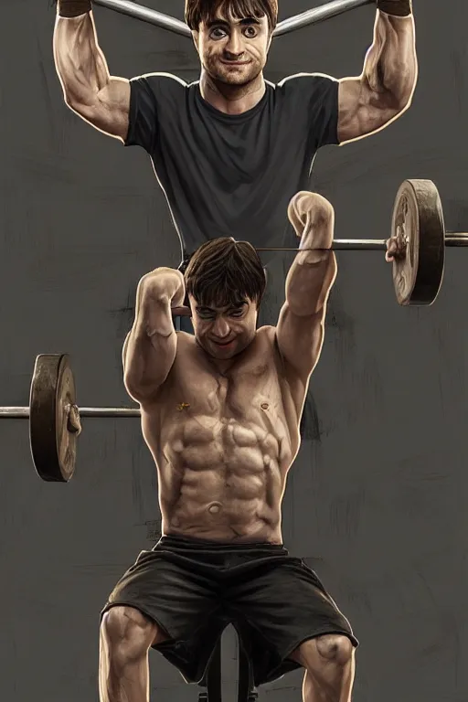 Image similar to highly detailed rendering of Daniel Radcliffe as Harry Potter doing barbell back squats, dingy workout gym, wearing a muscle tee shirt, muscular deep squats, symmetrical, highly detailed, digital painting, artstation, concept art, smooth, sharp focus, illustration, cinematic lighting, art by artgerm and greg rutkowski and alphonse mucha