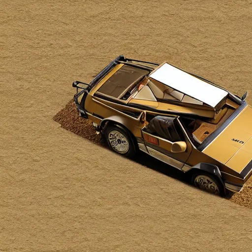 Image similar to a birds - eye view sepia photograph of a delorean made into a covered wagon, traveling in a line with covered wagons and cattle