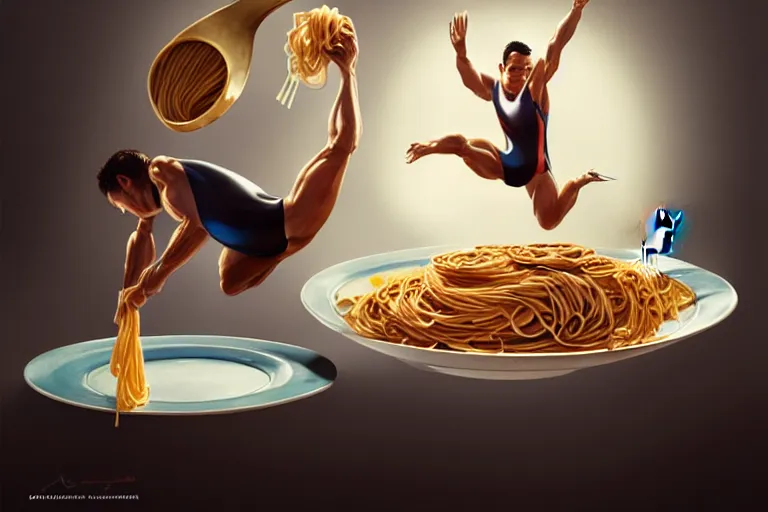 Image similar to olympic diver diving into a dish of pasta, fantasy, elegant, highly detailed, sharp focus, art by artgerm and beeple and greg rutkowski and wlop