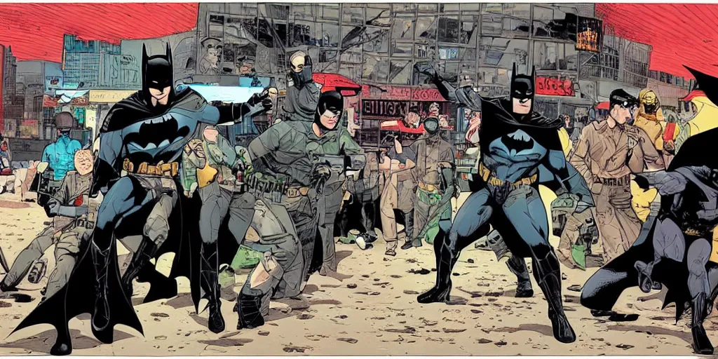 Image similar to Batman teaching mall-cops karate. Epic painting by James Gurney and Laurie Greasley.