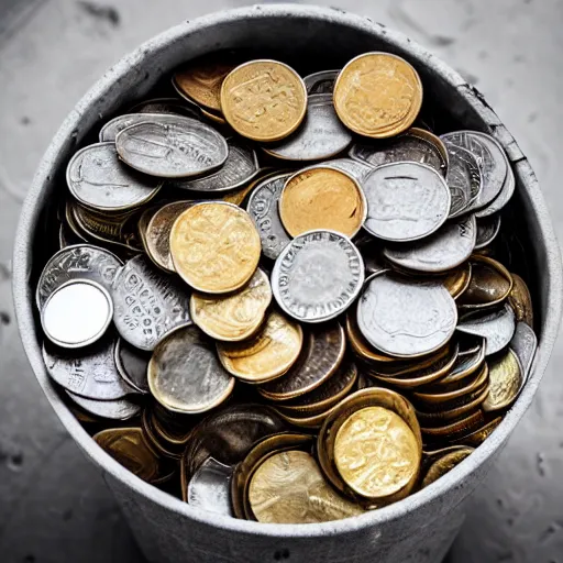 Image similar to a picture of a pile of coins in a bucket in the heavy rain, god rays, 50mm