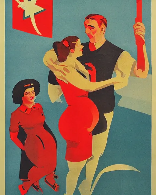 Prompt: Soviet propaganda poster with pregnant men by Dmitry Moor