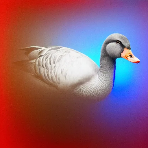 Prompt: portrait of an ethereal greylag goose made of blue and red light, divine, cyberspace, mysterious, dark high-contrast concept art