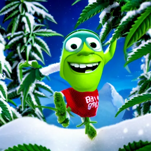 Image similar to cannabis leaf character snow boarding photo taken by pixar