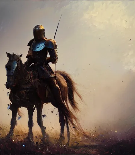 Prompt: a beautiful ultra realistic impressionist oil painting of an exhausted knight in worn armor , on the battlefield surrounded by carnage, by Greg Rutkowski, triadic color scheme, 4K