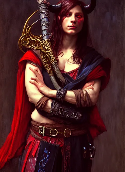 Image similar to tiefling bard, full body, hyper realistic, extremely detailed, dnd character art portrait, dark fantasy art, intricate fantasy painting, dramatic lighting, vivid colors, deviantart, artstation, by edgar maxence and caravaggio and michael whelan.