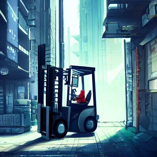 Image similar to Beatiful cyberpunk photograph of a forklift driving down a cyberpunk city