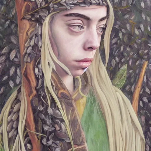 Prompt: Acrylic on canvas long shot of Billie Eilish as a wood princess with a leaf dress, low-key lighting, woods background, fairy tale, nature, forest, detailed face, realistic