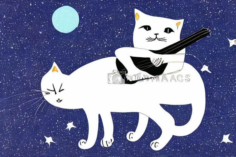 Prompt: detailed illustration of a white cat with a black spot on her trunk playing guitar, an old house with a window over a hill, blue sky, a big star falling