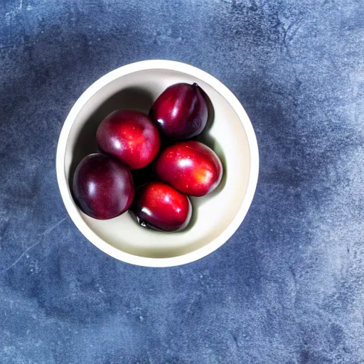 Image similar to photo of a thick porcelain bowl filled with a few moist freshly picked plums on a wooden table. volumetric lighting. 4 k. small scale. realistic. top down.