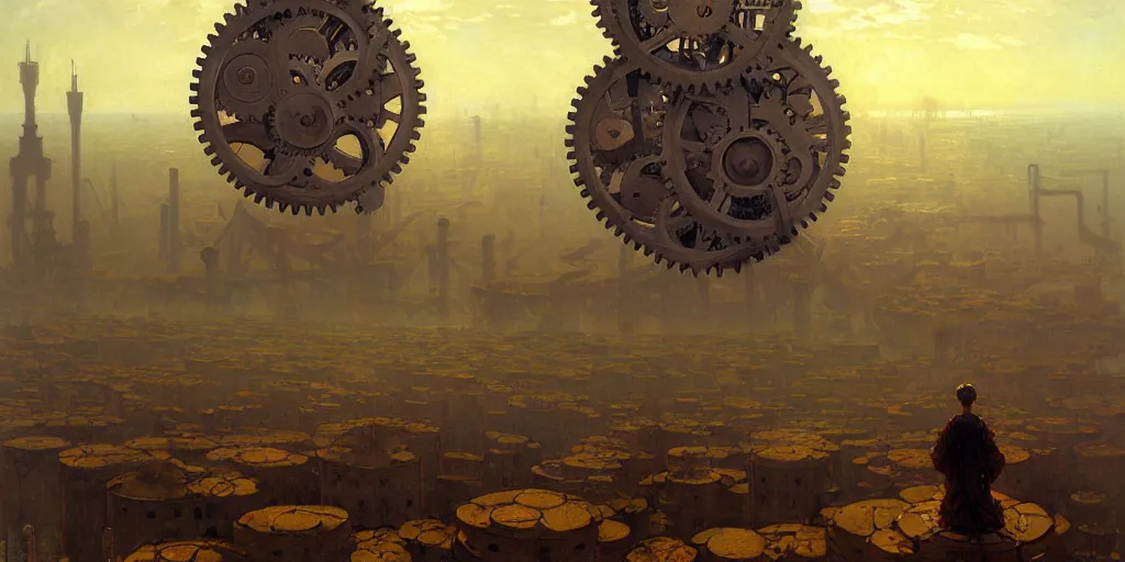 Prompt: giant interlocked gears cogs floating in the sky no people clockwork, giant mechanisms, industry, villages castles, buildings vista artstation illustration sharp focus sunlit vista painted by ruan jia raymond swanland lawrence alma tadema zdzislaw beksinski norman rockwell tom lovell alex malveda greg staples