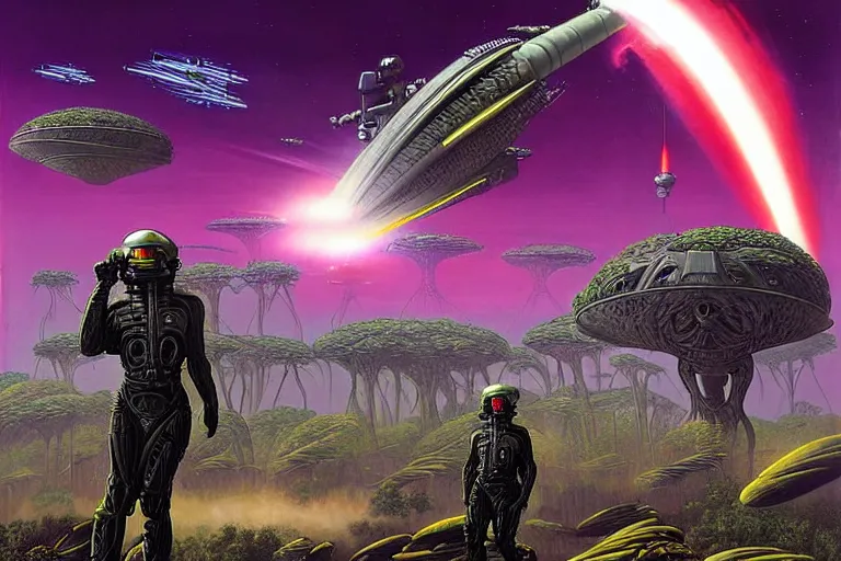 Prompt: Epic science fiction landscape of an alien jungle. In the foreground is futuristic anti-air artillery firing into the sky, in the background an alien spaceship is escaping. An officer stands next to the artillery pointing upwards. Stunning lighting, sharp focus, extremely detailed intricate painting inspired by Mark Brooks and by Moebius