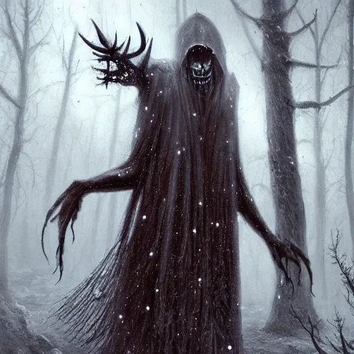 Image similar to cloaked humanoid wendigo feasting, nighttime located in a snowy dark forest, lurking horror, distant - mid shot, dungeons and dragons, magic the gathering, forboding, high detail, oil painting, style of seb mckinnon