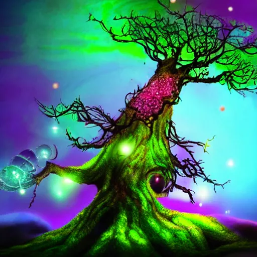 Prompt: a crazy alien tree with purple leaves and glowing green crystal fruit, cinematic, realistic